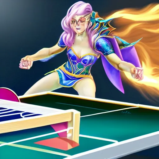 Image similar to kaisa from league of legends, daughter of the void, portrait, playing table tennis