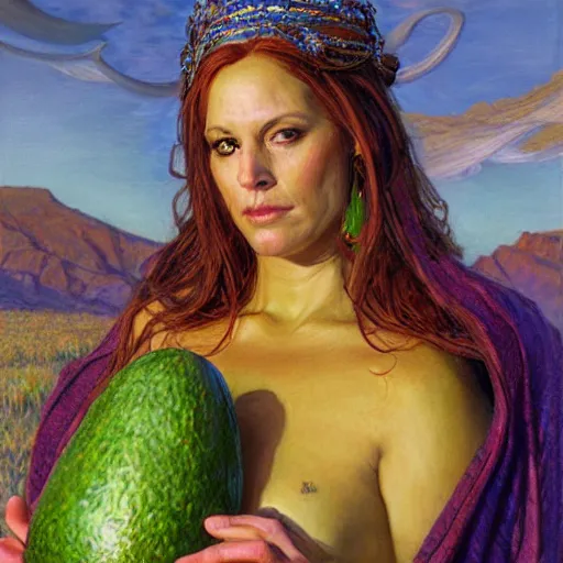 Image similar to the goddess of avocados, by donato giancola.