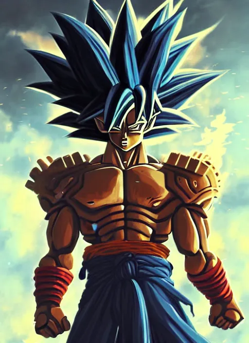 Image similar to portrait epic armored goku with monkey wings. highly detailed, digital painting, concept art, smooth, sharp focus, illustration, art by greg rutkowski