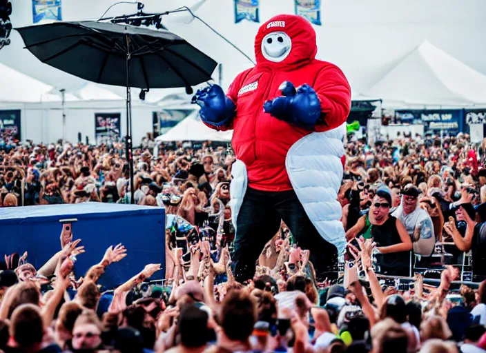 Image similar to photo still of the michelin man on stage at vans warped tour!!!!!!!! at age 3 8 years old 3 8 years of age!!!!!!! stage diving into the crowd, 8 k, 8 5 mm f 1. 8, studio lighting, rim light, right side key light