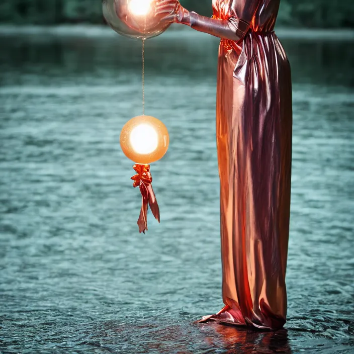 Image similar to a closeup portrait of a woman wrapped in plastic, standing next to a levitating copper orb, in a river, color photograph, by vincent desiderio, canon eos c 3 0 0, ƒ 1. 8, 3 5 mm, 8 k, medium - format print