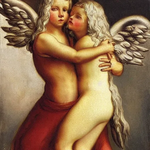 Image similar to 2 muscular angels hugging, victorian painting