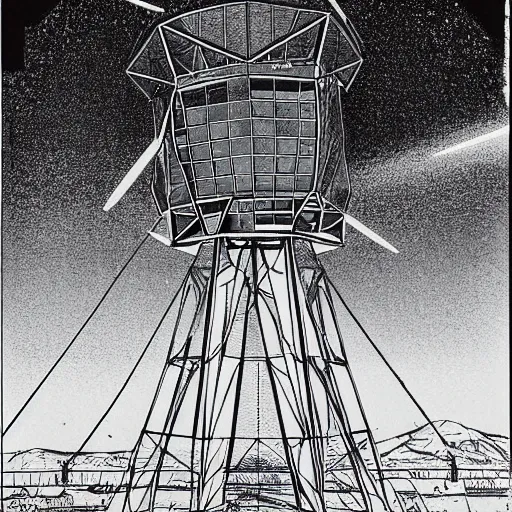 Image similar to ultra precise, asymmetric fineliner drawing of an abandoned radar array in ukraine, three colour ink marker pen on rainbow spattered glossy paper. bold lines, gallery quality, photorealistic, very detailed, 8 k