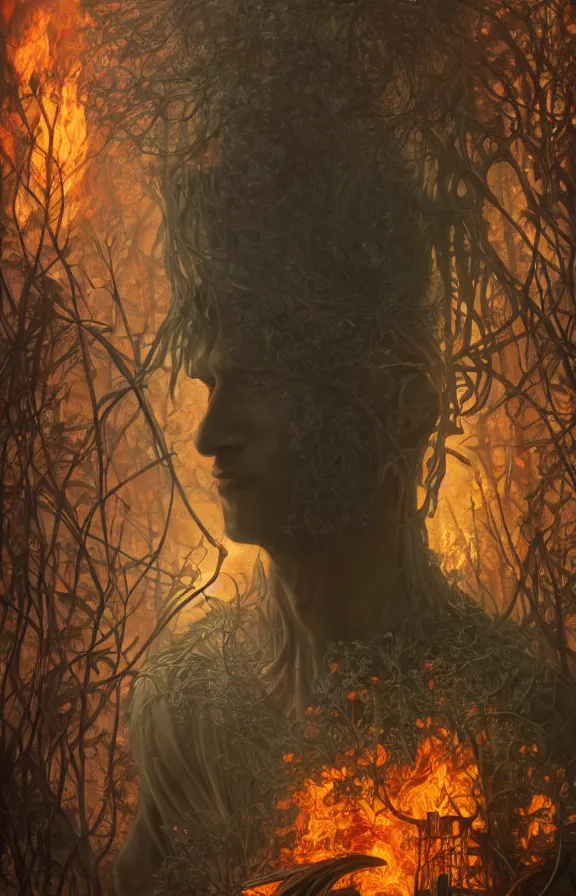 Prompt: portrait of a knight among flowers in dark forest surrounded by fire and smoke, moody, rim light, dynamic lighting, cinematic shot, gritty, ultra - detail, renderman, physically based render, jean delville, gustave dore and marco mazzoni