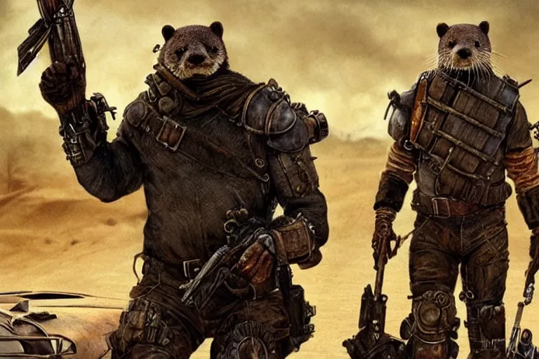 Image similar to a good ol'otter fursona ( from the furry fandom ), heavily armed and armored facing down armageddon in a dark and gritty version from the makers of mad max : fury road. witness me.