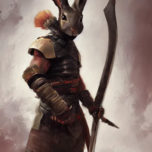 Image similar to rabbit warrior - swordsman, brush strokes, oil painting, greg rutkowski