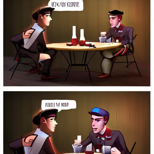 Prompt: tf2 Scout and Spy having an argument at dinner, digital art,