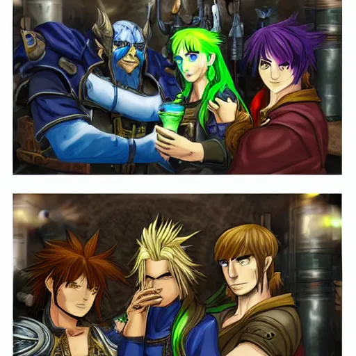 Image similar to anime style warcraft 3 characters drinking beer in postapocalyptic bar, arthas, nerzul, archimond, ktun, nzoth