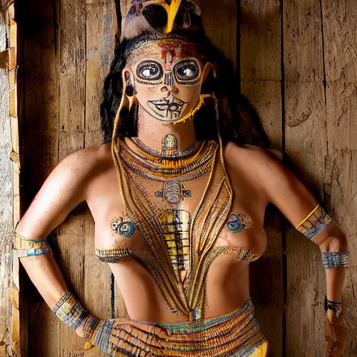 Image similar to A perfect Mayan female goddess stands for a waist up portrait with her body sightly wrapped in thin gold wire creatively arranged so as to look like Mayan Hieroglyphic tattoos, in an abandoned barn, hyper photo realistic 8K HD HDRI, photo by Annie Leibovitz.