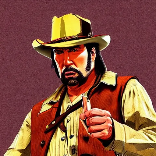 Image similar to a cowboy in the style of red dead redemption, steven seagal, donald trump