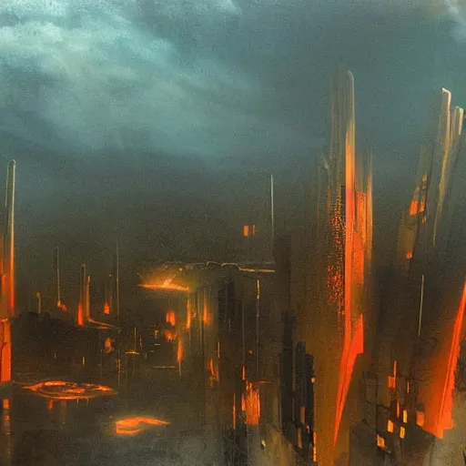 Prompt: A beautiful digital art of a city in ruins. The dominant colors are yellows, oranges and reds, giving the impression of a fiery, destroyed landscape. In the center of the image is a large, looming spaceship, adding to the feeling of unease and despair. platinum, double exposure by Paul Fusco, by J.C. Leyendecker tired, dull