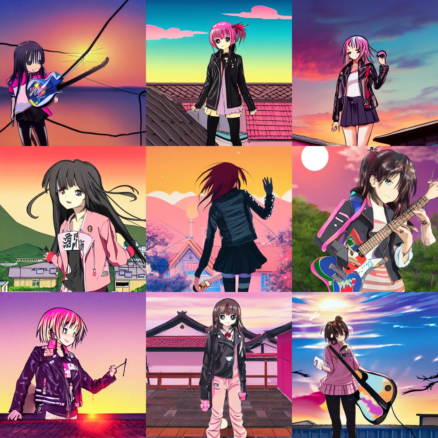 Prompt: anime girl dressed in a leather jacket with multi - colored badges is standing on the roof of a japanese house with a pink bass guitar in her hands against the background of a sunset, rear view, notes are flying overhead, comic