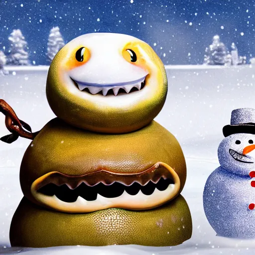 Image similar to cinematic photo of a taxidermized fat snake held by a smiling taxidermized snowman in a hot tub