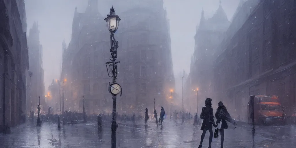 Prompt: two people in the street of london in winters, greg rutkowski style, trending on artstation