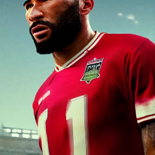 Image similar to a film still portrait of footballer terrence boyd, bald, red shirt, finely detailed features, closeup at the face, perfect art, trending on pixiv fanbox, painted by greg rutkowski makoto shinkai takashi takeuchi studio ghibli akihiko yoshida