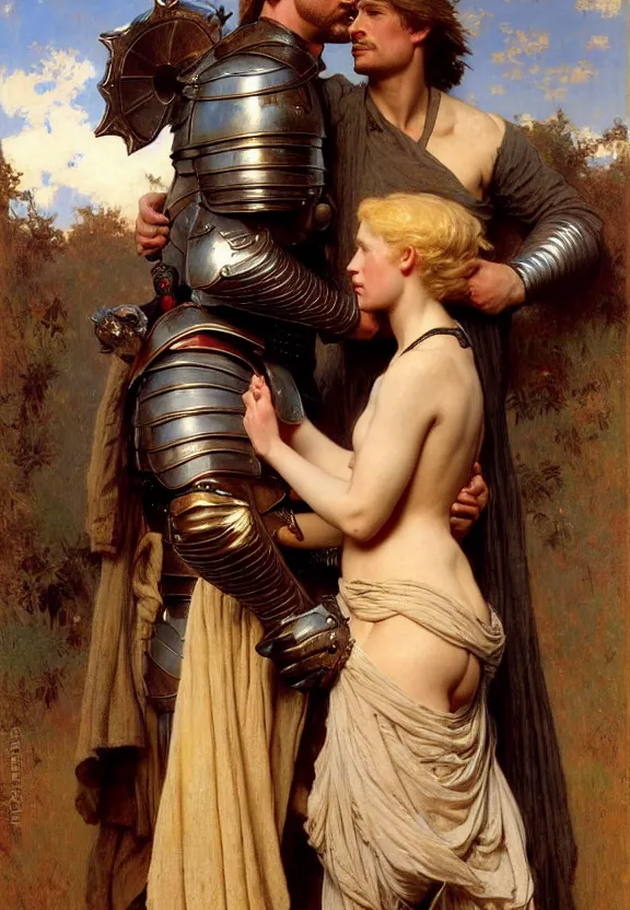 Prompt: attractive handsome fully clothed jaime lannister confesses his love for attractive fully armored lady knight brienne of tarth. highly detailed painting by gaston bussiere and j. c. leyendecker and william adolphe bouguereau, musee d'orsay 8 k