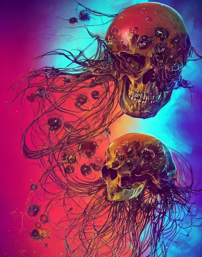 Prompt: horizontally symmetrical portrait of princess of death. skull jellyfish butterfly phoenix head. burning water. intricate artwork by Tooth Wu and wlop and beeple and dan mumford. octane render, trending on artstation, greg rutkowski very coherent symmetrical artwork. cinematic, hyper realism, high detail, octane render, 8k, depth of field, bokeh. iridescent accents