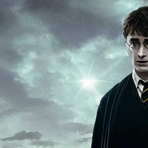 Prompt: Harry potter standing and holding a short wand, magic aura, side view, daniel radcliffe, thunderclouds, cinematic shot, wide shot, epic scale, waving robe movement, photorealistic detail and quality, intricate cobblestone, floating rocks, particle effects, movie still, nighttime, crescent moon, sharp and clear, action shot, intense scene, visually coherent, symmetry, rule of thirds, movement, photorealistic colors, cool colors transitioning to warm colors, modest tone, award winning, directed by Steven Spielberg, Christopher Nolan, Tooth Wu, Asher Duran, artstation