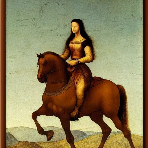 Image similar to never seen painting of a woman on a horse by leonardo da vinci