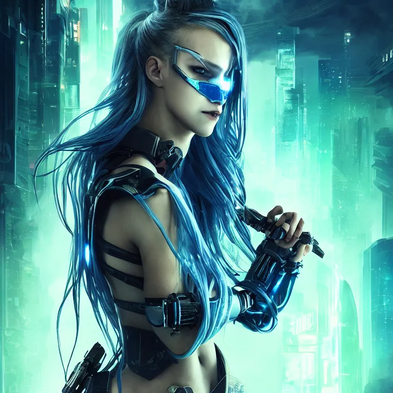 Image similar to beautiful cinematic poster, female cyberpunk, ronin ballistic mask, brilliant blue flowing hair, beautiful glowing eyes, wideshot ultrawide angle epic scale, hybrid from the elden ring and art direction by darius zawadzki, wayne reynolds artstation ; cinematic quality character render ; low angle ; ultra high quality model, quality cinema model