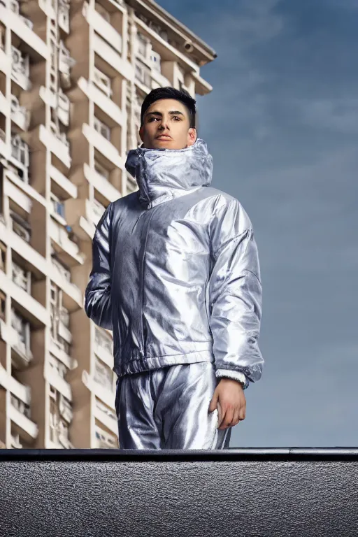 Image similar to un ultra high definition studio quality photographic art portrait of a young man standing on the rooftop of a british apartment building wearing soft padded silver pearlescent clothing. three point light. extremely detailed. golden ratio, ray tracing, volumetric light, shallow depth of field. set dressed.