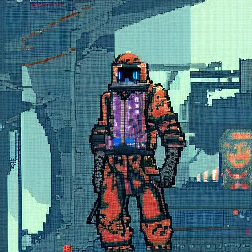 Prompt: pixel art by octavi navarro, cyberpunk pilot fighter, artstation, high quality, extremely detailed