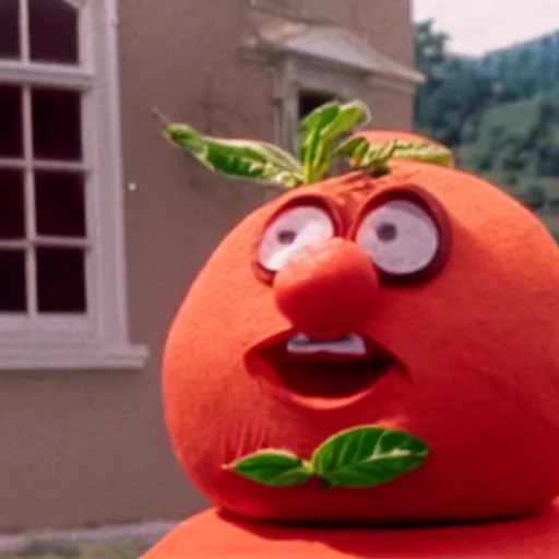 Image similar to film still of the rock in a tomato costume