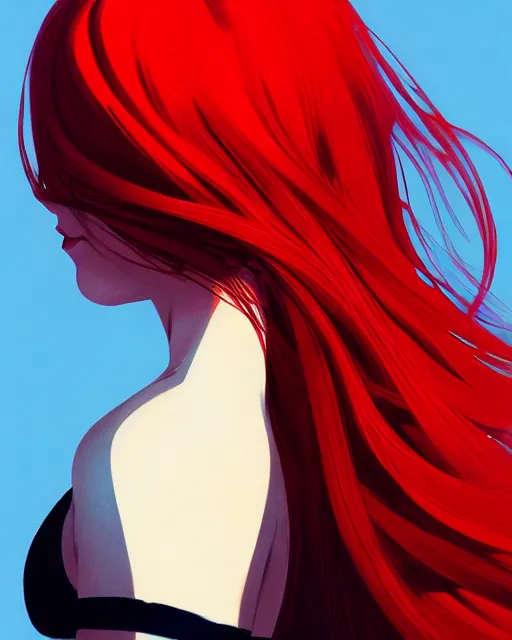 Image similar to a detailed portrait of an attractive!!!! woman with red hair and freckles by ilya kuvshinov, digital art, dramatic lighting, dramatic angle