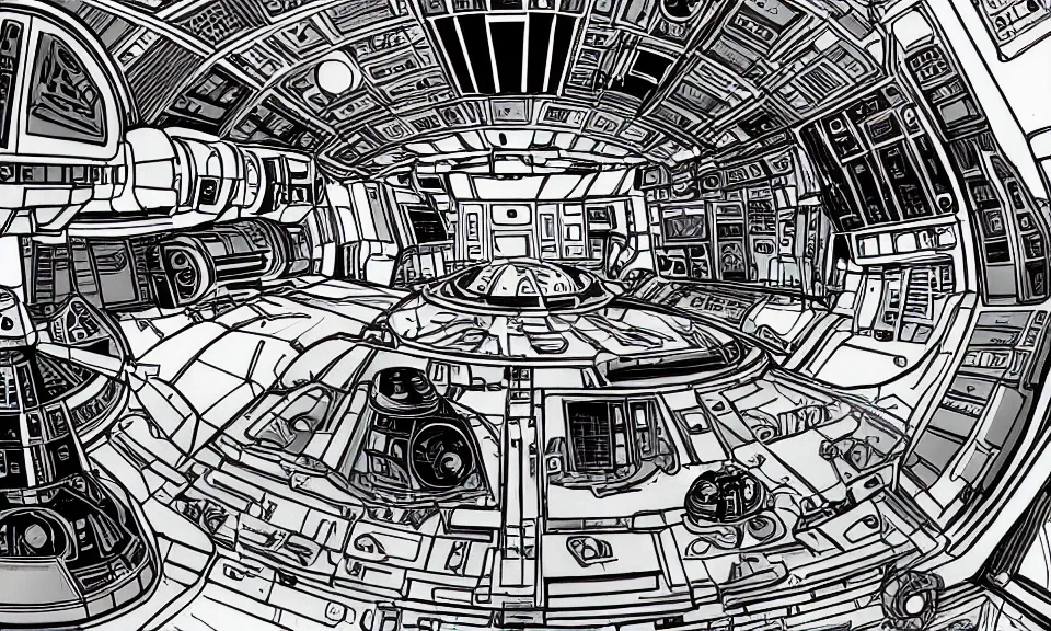 Prompt: interior of a millennium falcon from star wars, anime style, cozy, drawing, highly detailed