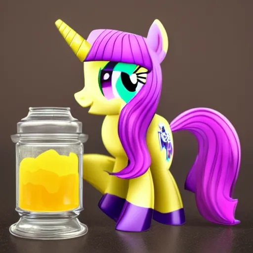 Image similar to a my little pony figure in a jar covered in a mysterious sticky yellowish fluid