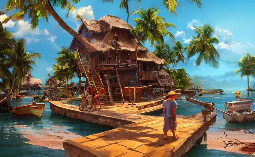 Image similar to a little fisher village on a tropical island, wood pier and houses, bright day, matte painting by marc simonetti and rhads, trending on artstation