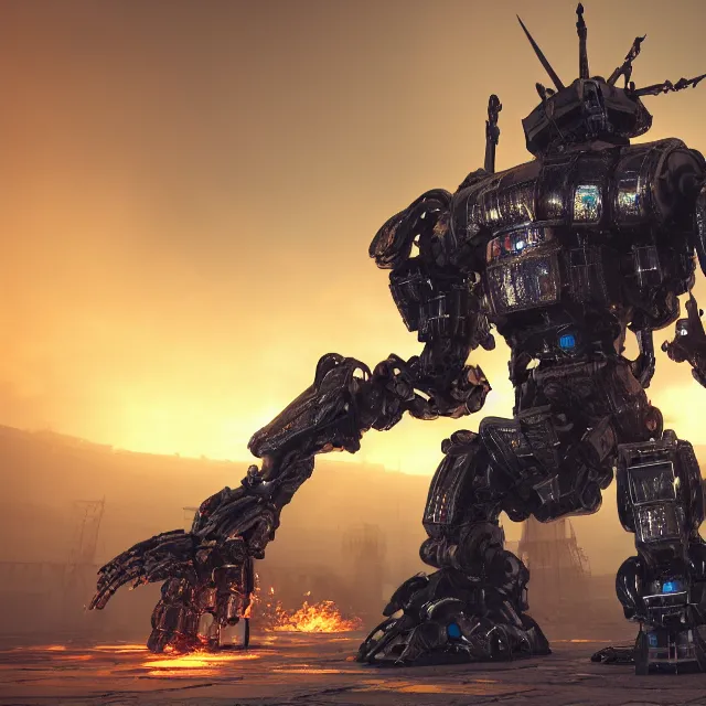 Image similar to mecha robot boss in dark souls, dark cinematic, volumetric, realistic, 3 d render, cinematic lighting, ray tracing, cinematic, unreal engine 5, unreal engine render, octane render, hyper realistic, photo, 8 k