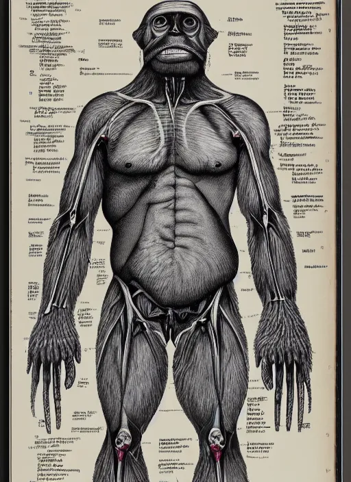 Image similar to vintage medical anatomical illustration of sasquatch, highly detailed, labels, intricate writing