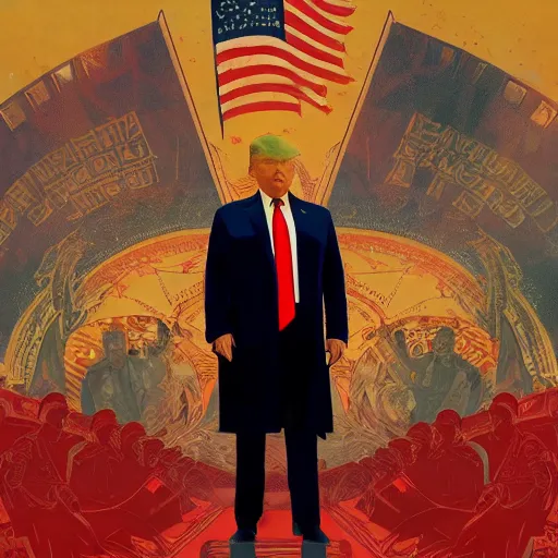 Image similar to donald trump standing under a communist flag, digital art, heroic, illustrated by alphonse mucha, wlop, greg rutkowski, 4 k, extremely detailed, cinematic lighting, trending on artstation,