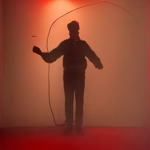 Prompt: a man of wire and smoke, in a red room, lit with one light, moody, atmospheric