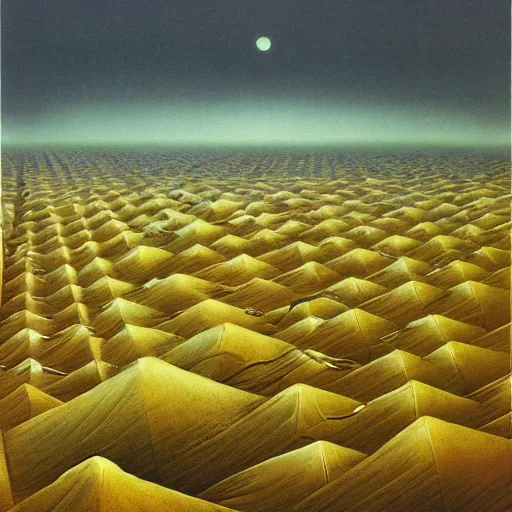 Prompt: boxes lined up across the horizon, zdzislaw beksinski