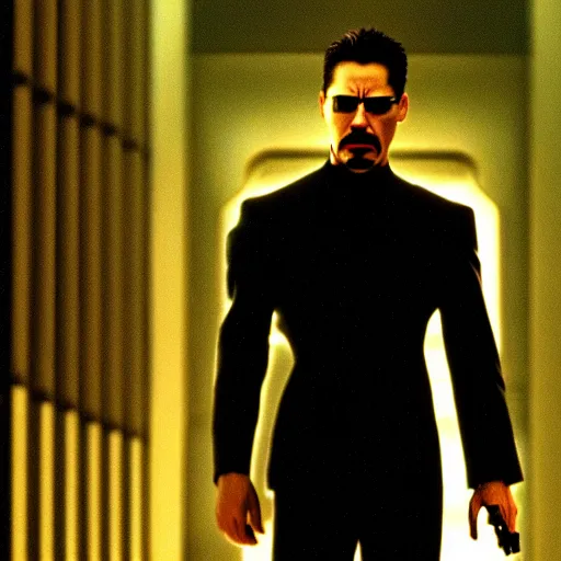 Image similar to cinematic still of Tony Stark in The Matrix (1999), XF IQ4, f/1.4, ISO 200, 1/160s, 8K, RAW, dramatic lighting, symmetrical balance, in-frame