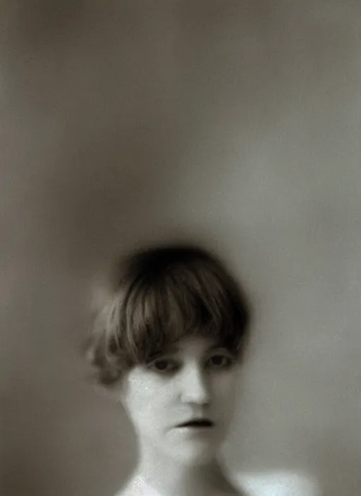 Image similar to out of focus photorealistic portrait of < zelda fitzgerald > as a beautiful young lady by sarah moon, very blurry, translucent white skin, closed eyes, foggy, closeup