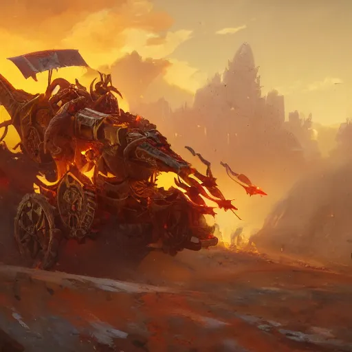 Image similar to a fiery catapult war cart, catapult, yellow battlefield theme, bright art masterpiece artstation. 8 k, sharp high quality artwork in style of jose daniel cabrera pena and greg rutkowski, concept art by tooth wu, blizzard warcraft artwork, hearthstone card game artwork, cart wheels