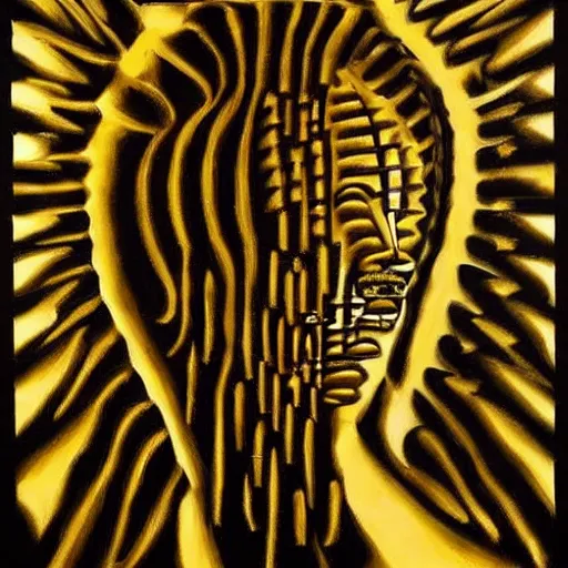 Image similar to by jaume plensa, by giorgio de chirico gold on black lively, calm. a beautiful body art of a castle in the clouds.