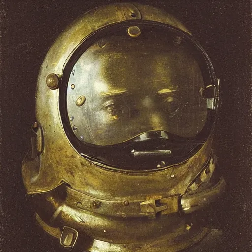 Image similar to portrait of a diver with an antique diving helmet by alfred stevens