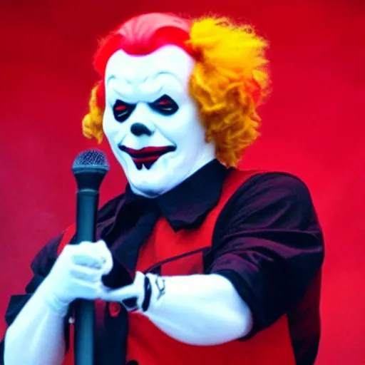 Image similar to ronald mcdonald performing with slipknot