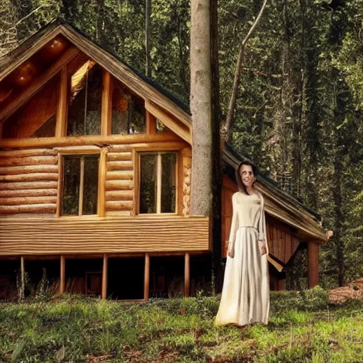 Image similar to angelina jolie as a a beautiful wood cabin in the forest