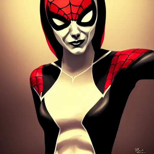 Prompt: gorgeous female Emma Stone as Spider-Gwen as venom, realistic character concept, medium shot, evil pose, comic book, illustration, slender symmetrical body, artstation, cinematic lighting, hyperdetailed, Tom Bagshaw, Joshua Middleton, Rafeal Albuquerque comic, single face, insanely detailed and intricate, dark and smokey background