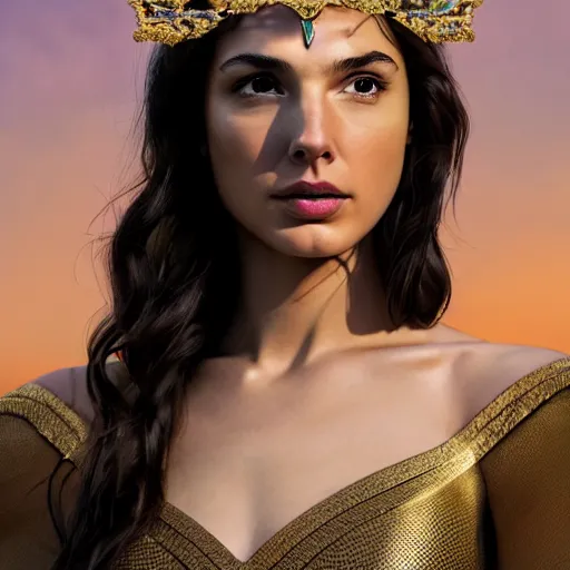 Image similar to fine art photo of the beauty gal gadot, she is posing while maintain a sweet eye contact to the camera, she has a crown of flowers, the photo was taken at sunset with a bokeh effect, by casey weldon, photorealistic, matte painting, hyper realistic, 4 k, 8 k, cinematic composition, hd, highly detailed, trending on artstation