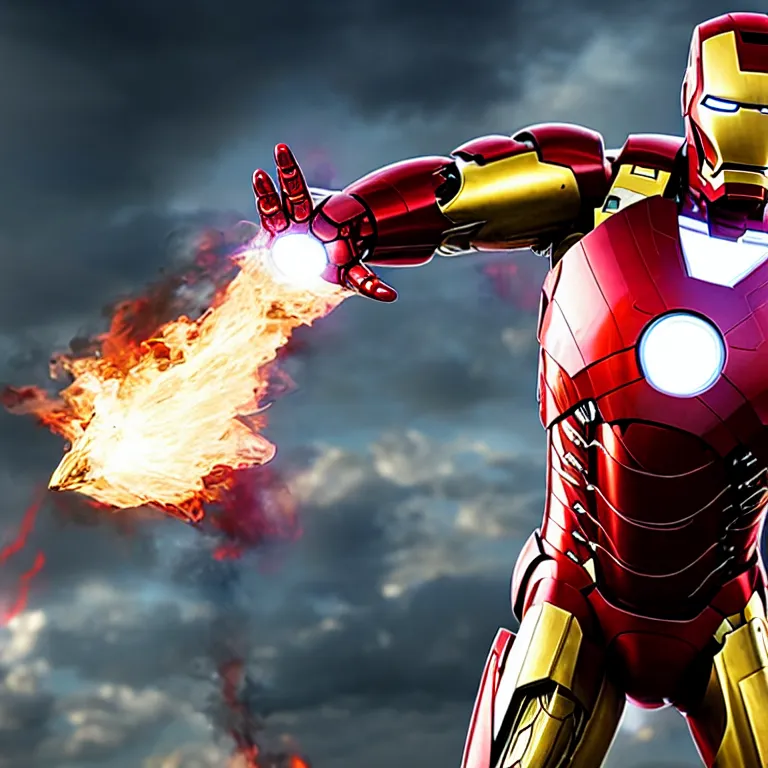 Image similar to iron man with fire behind him, movie still, action flying shot, chrome, shiny, reflective, metallic, 3 d render, realistic, hdr, stan winston studios, dramatic lighting, flame colors bright,