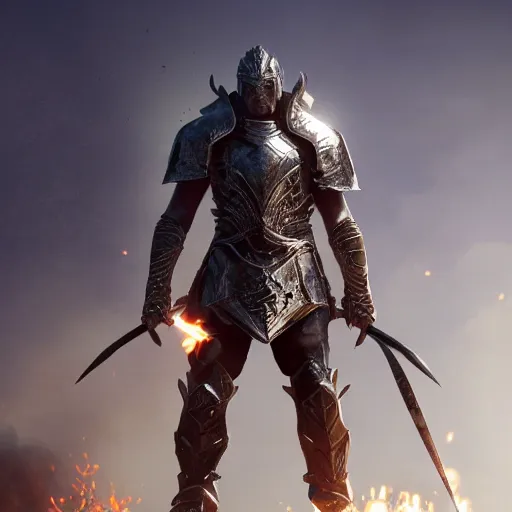 Image similar to photo full-body-shot of ONE brutal Warrior, wearing intricate steel armor, sharp focus, holding magical fiery battle-axe, magical aura, heroic pose, fantasy style, octane render, volumetric lighting, 8k high definition, by greg rutkowski, highly detailed, trending on ArtStation, magical Battlefield background, centered