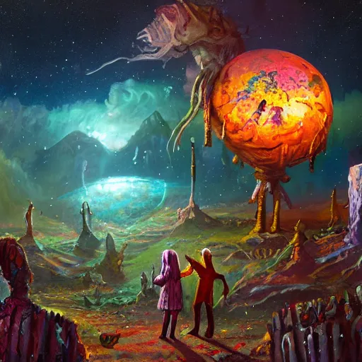 Image similar to extraterrestrial wedding in village on ancient post - apocalyptic planet, jim henson creature shop, vivid and colorful, cinematic, oil painting, highly detailed, illustration