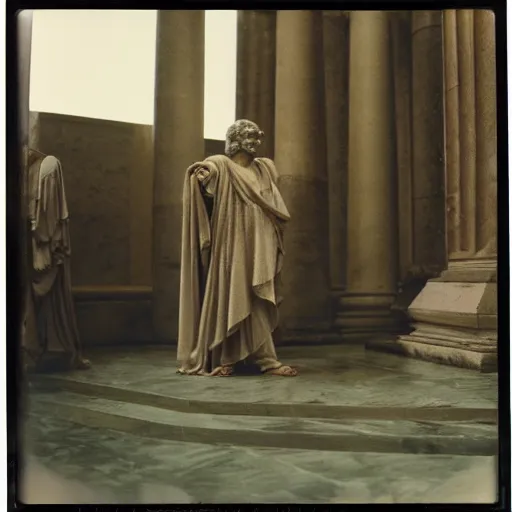 Prompt: polaroid of a ancient roman Caesar speaking before the senate candid shots by Tarkovsky