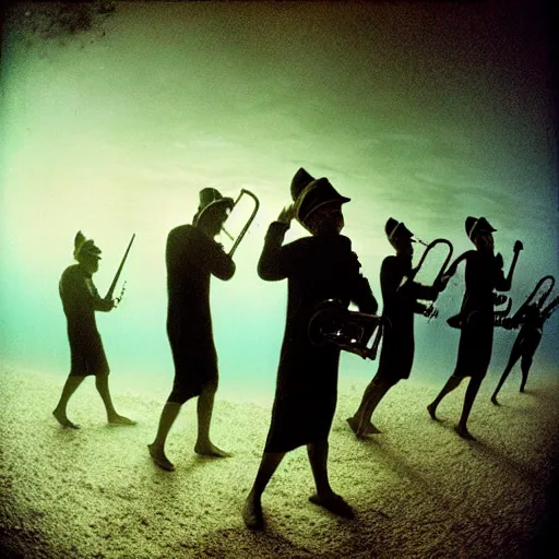 Prompt: Underwater photo of a marching band by Trent Parke, clean, detailed, Magnum photos